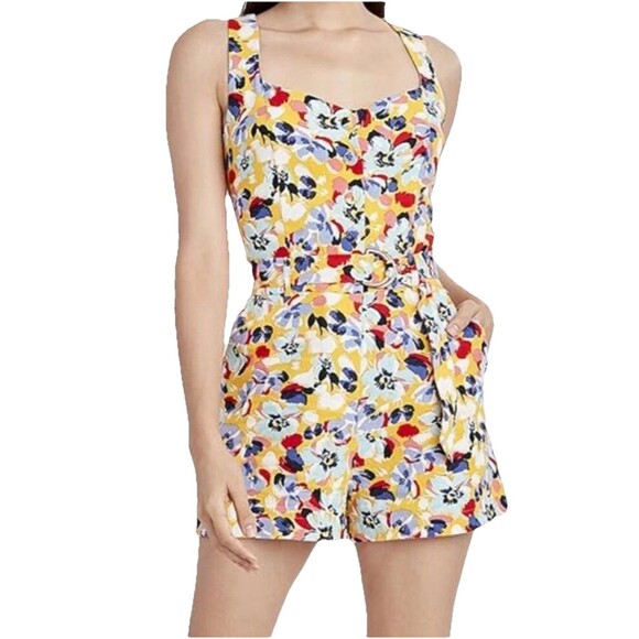 BCBG Generation Multicolor Foral Sleeveless Romper Button Up Belted Sz 4 Linen - Picture 2 of 12